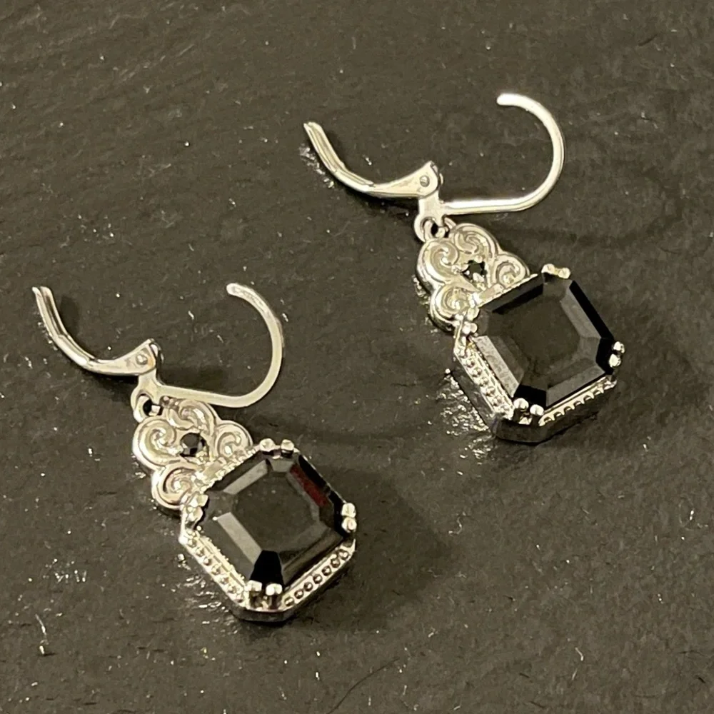 Black Princess Cut Onyx Scroll Detail Earrings Marked 316 SS Lever Back Hooks